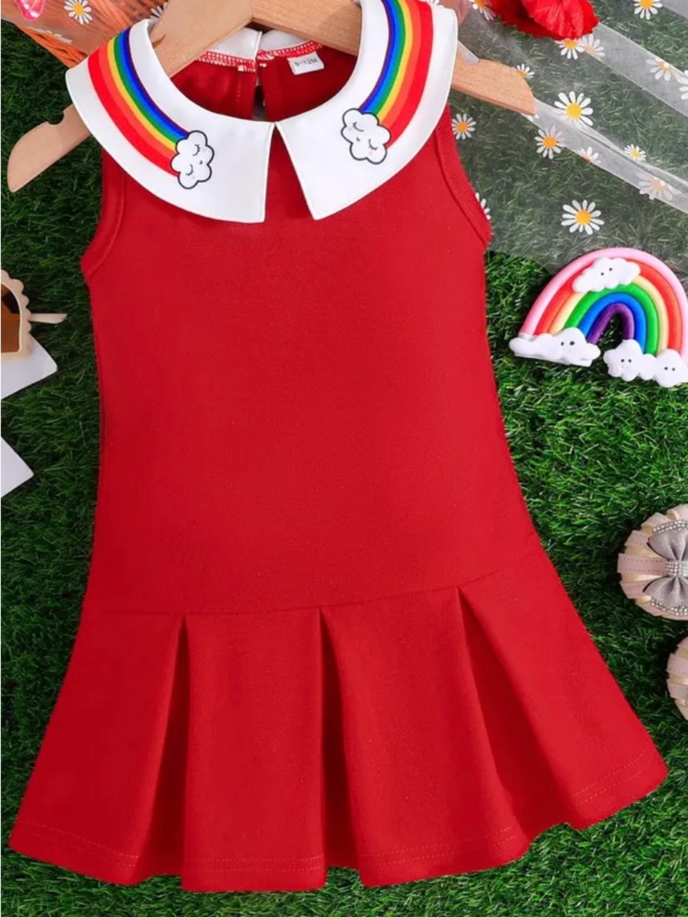 Girls' Red Rainbow Collar Sleeveless Dress